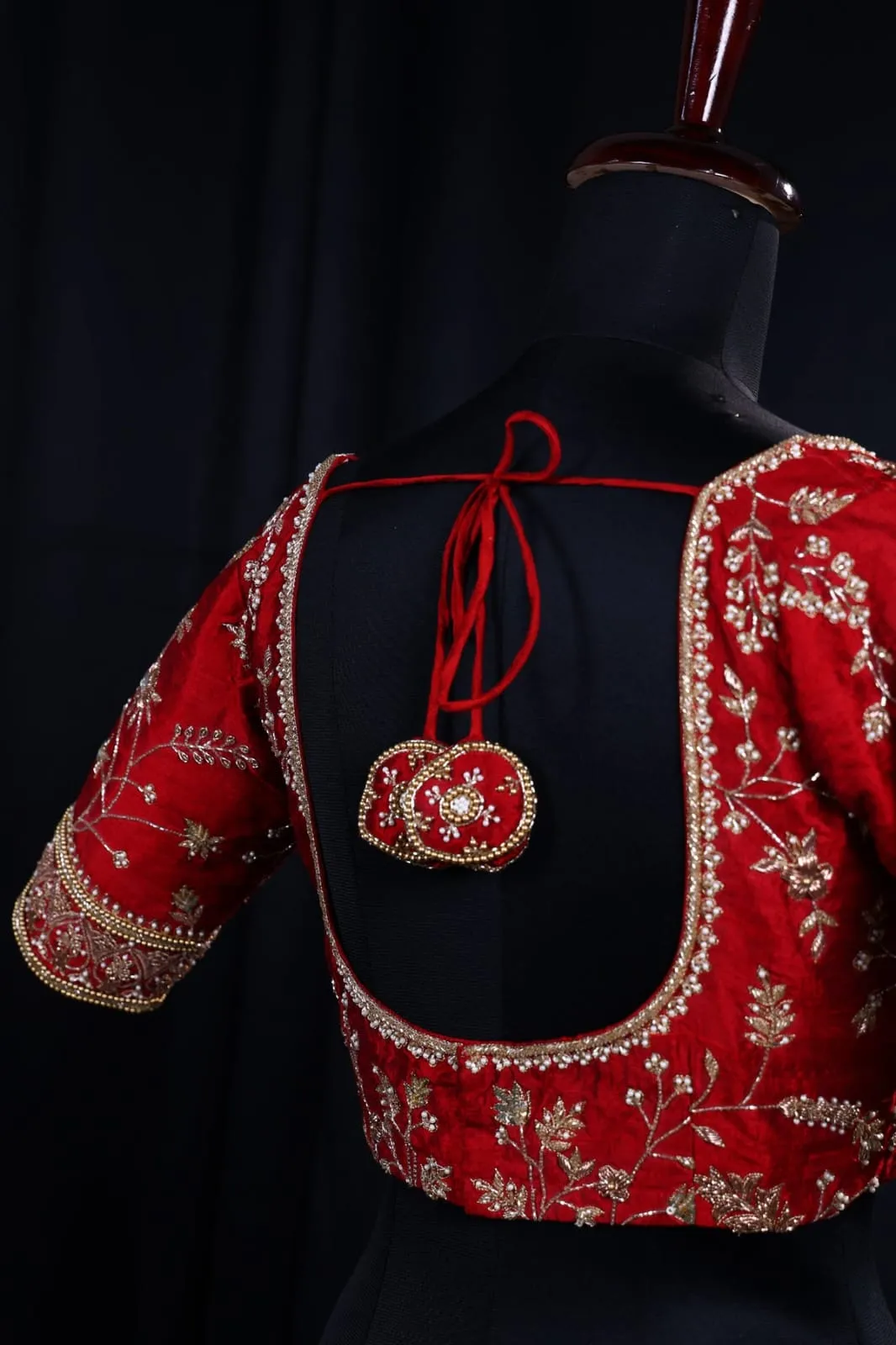 Bridal Red Silk Maggam Work Blouse | Handcrafted Floral Pearl Zardosi & Heavy Latkan Saree Blouse