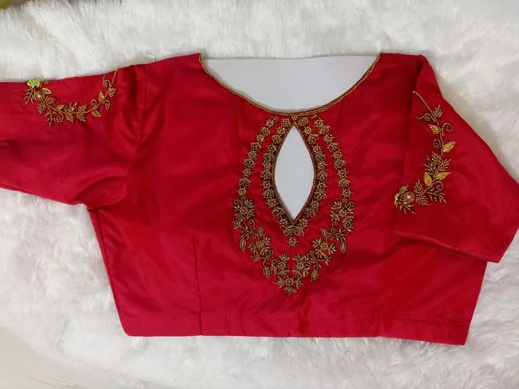 Bridal Red Silk Maggam Work Blouse | Keyhole Back Neck & Antique Gold Zardozi Leaf Vine Readymade Saree Blouse 1