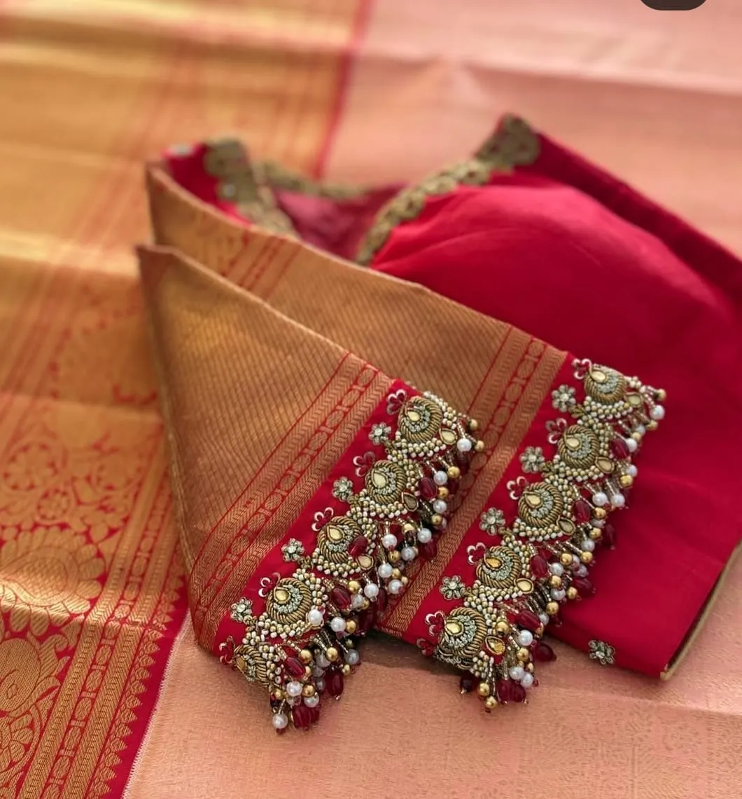 Bridal Red Silk Saree Blouse | Heavy Maggam Work with Scalloped Zari Neckline & Pearl-Beaded Tassels