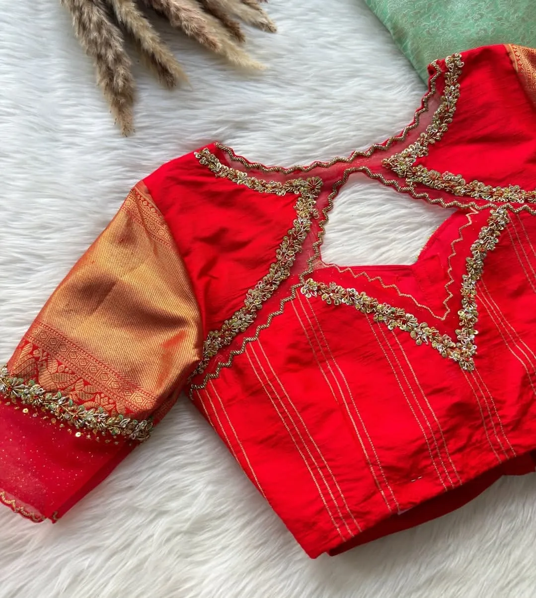 Bridal Red Silk Saree Blouse with Sheer Net Cutout Back & Gold Zari Border Sleeves