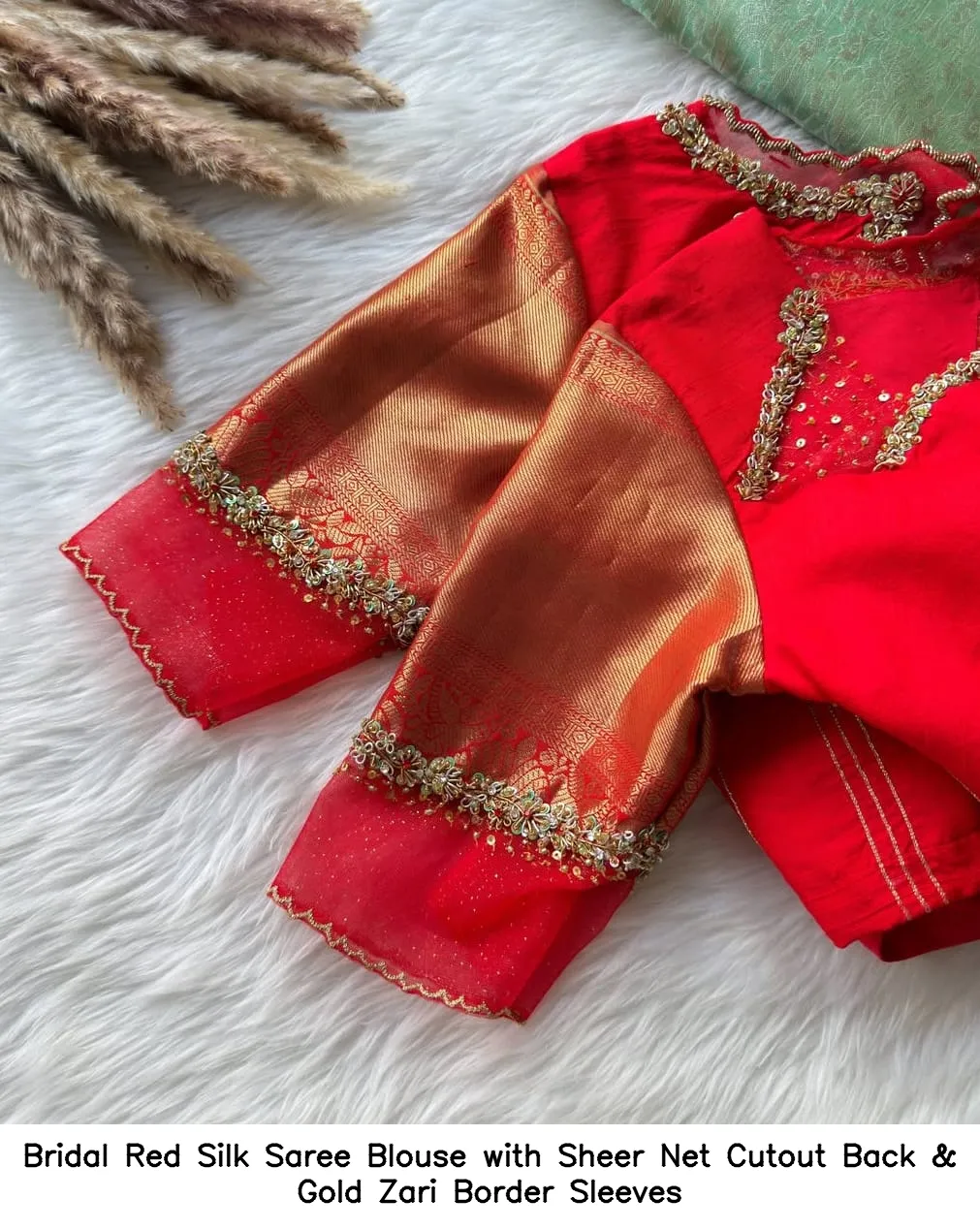 Bridal Red Silk Saree Blouse with Sheer Net Cutout Back & Gold Zari Border Sleeves 2