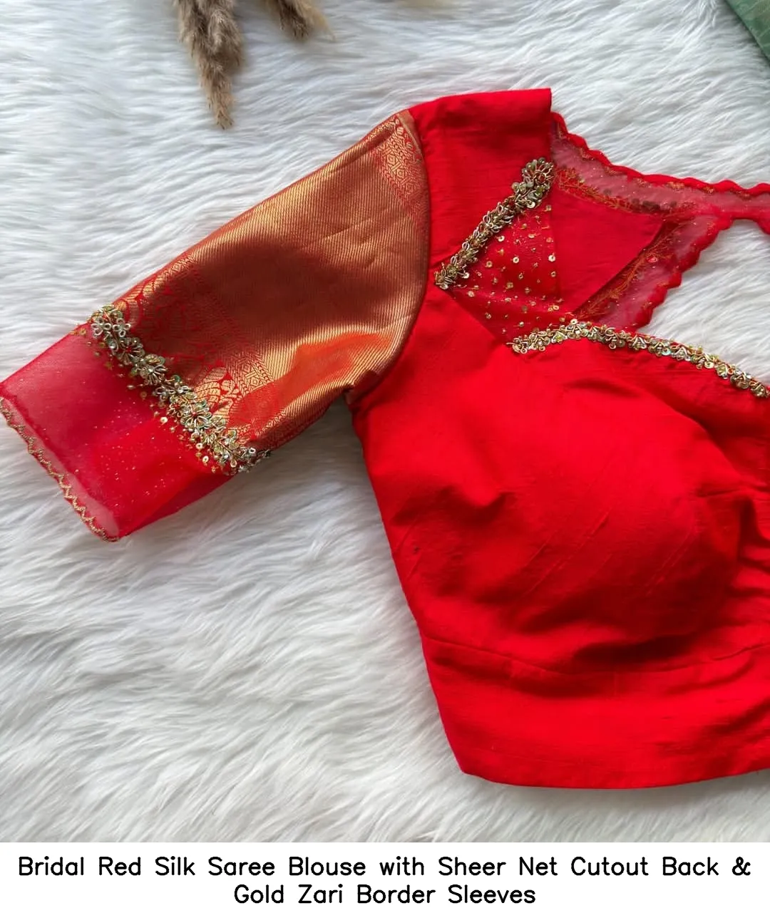 Bridal Red Silk Saree Blouse with Sheer Net Cutout Back & Gold Zari Border Sleeves 3