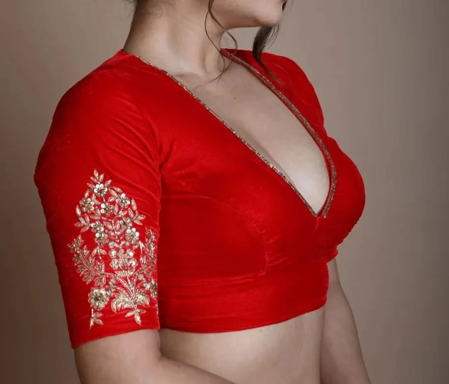 Bridal Red Velvet Readymade Blouse – Deep V-Neckline with Zardozi Embroidery & Sequin Border 1