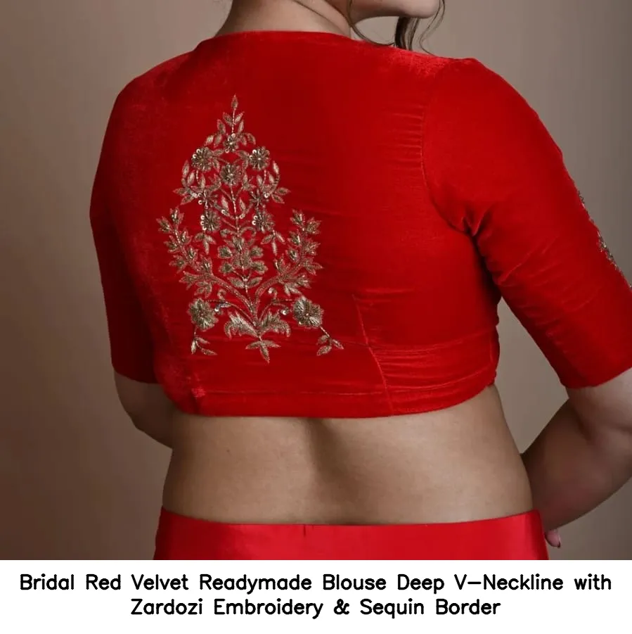 Bridal Red Velvet Readymade Blouse – Deep V-Neckline with Zardozi Embroidery & Sequin Border 2
