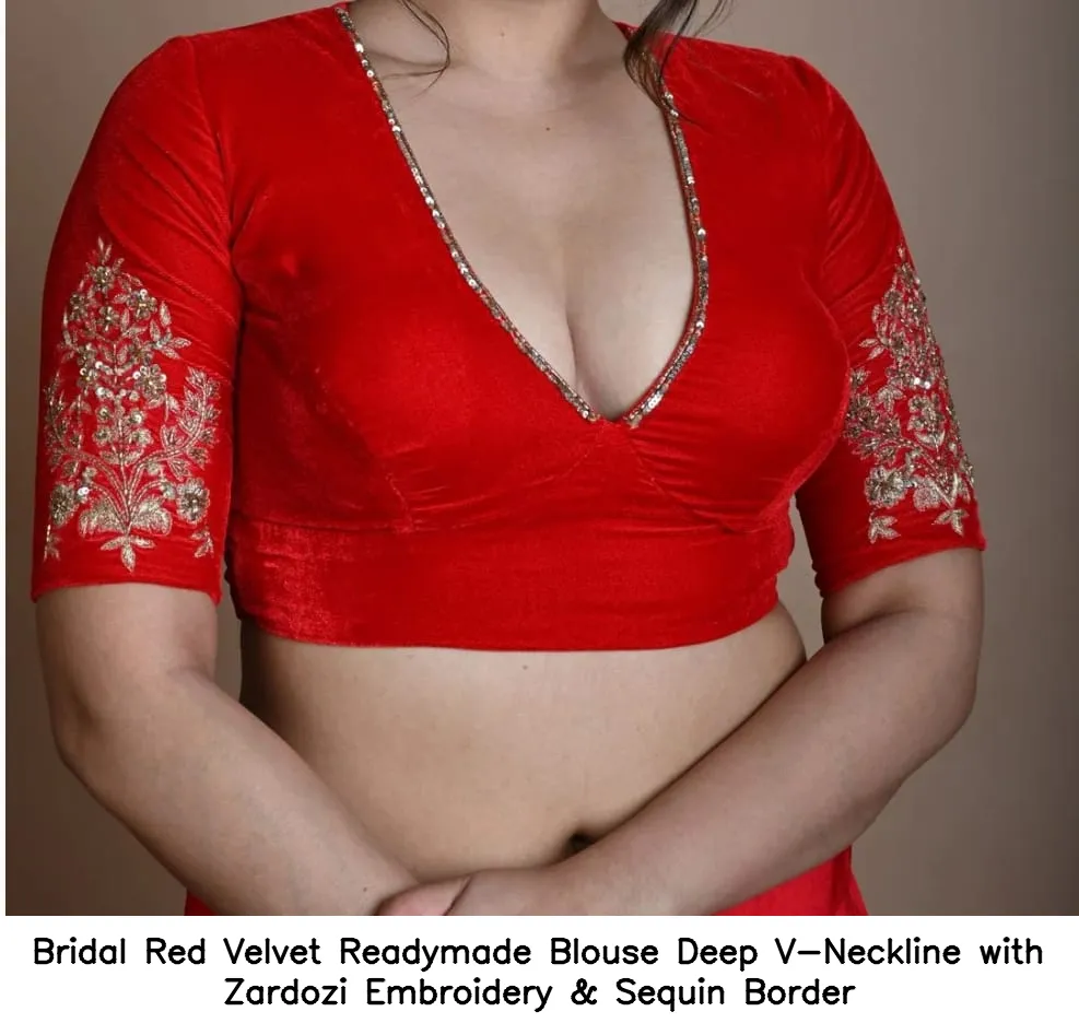 Bridal Red Velvet Readymade Blouse – Deep V-Neckline with Zardozi Embroidery & Sequin Border 3