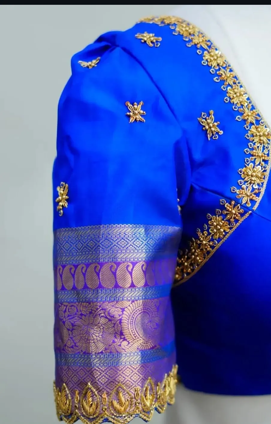 Bridal Royal Blue Silk Blouse | Heavy Maggam Work V-Neck Back Saree Choli