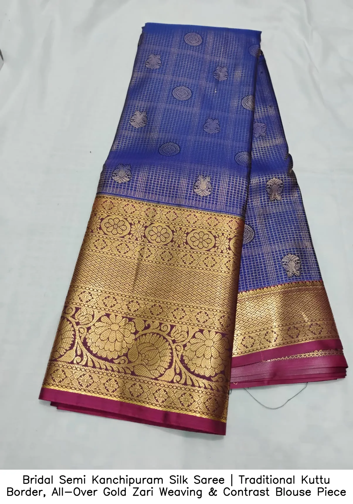 Bridal Semi Kanchipuram Silk Saree | Traditional Kuttu Border, All-Over Gold Zari Weaving & Contrast Blouse Piece 10