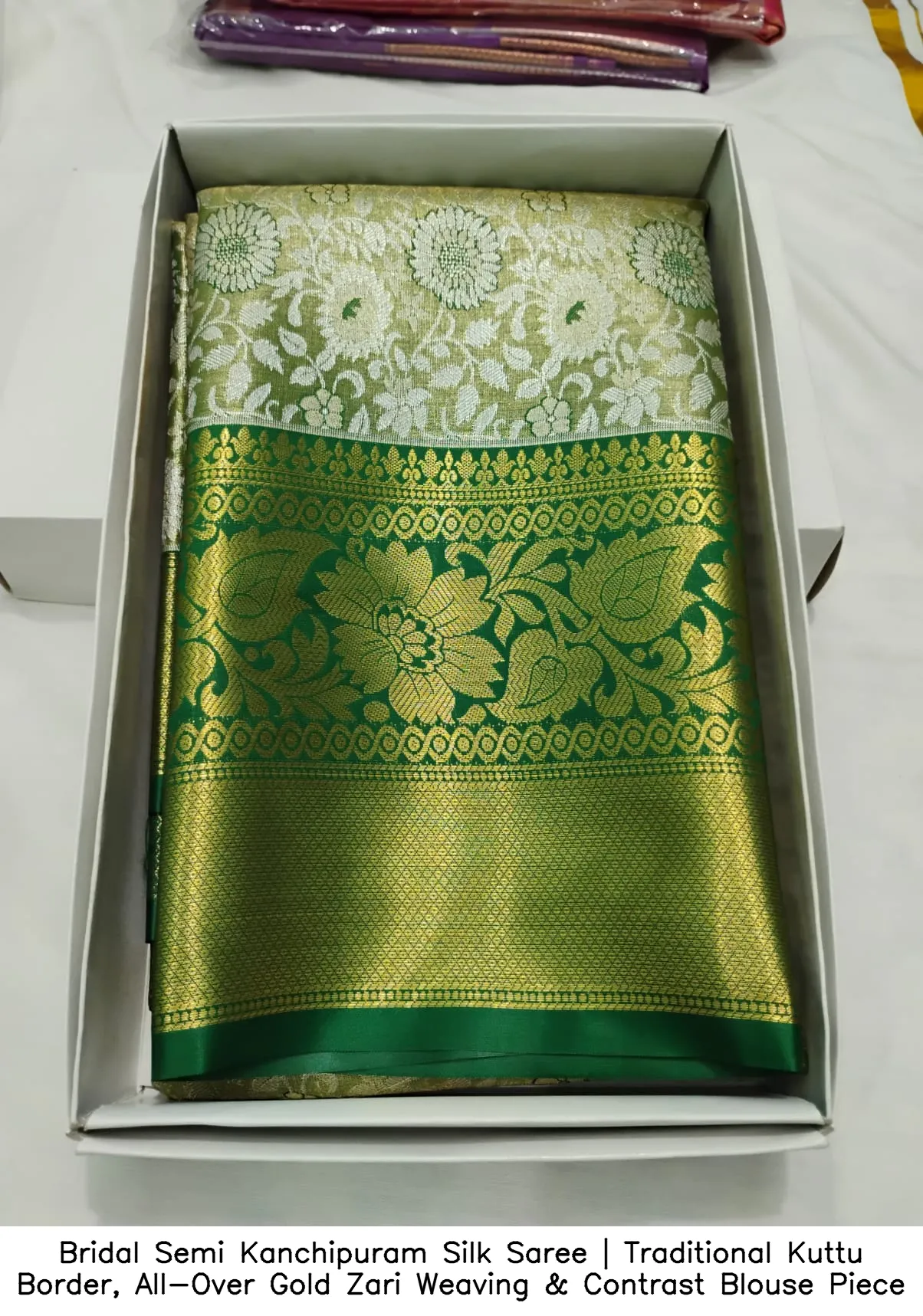 Bridal Semi Kanchipuram Silk Saree | Traditional Kuttu Border, All-Over Gold Zari Weaving & Contrast Blouse Piece 11