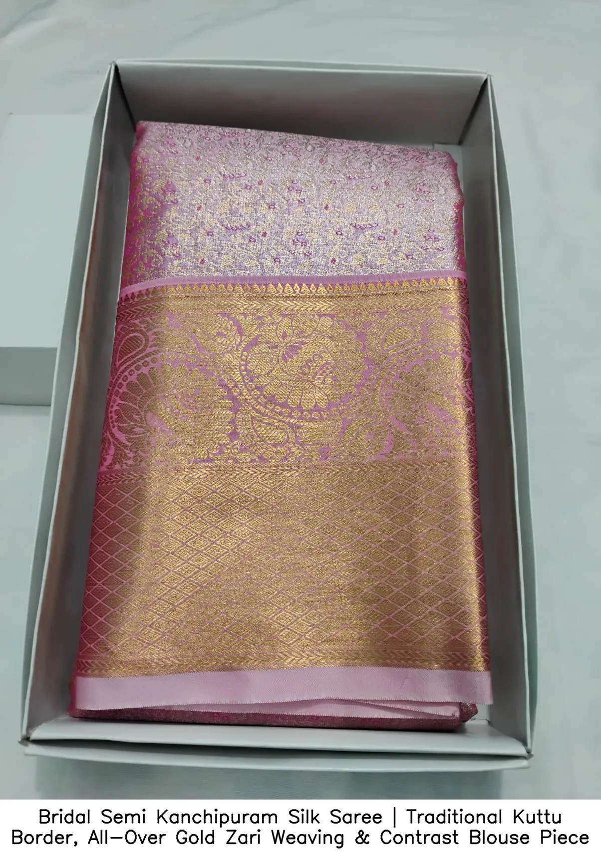 Bridal Semi Kanchipuram Silk Saree | Traditional Kuttu Border, All-Over Gold Zari Weaving & Contrast Blouse Piece 2