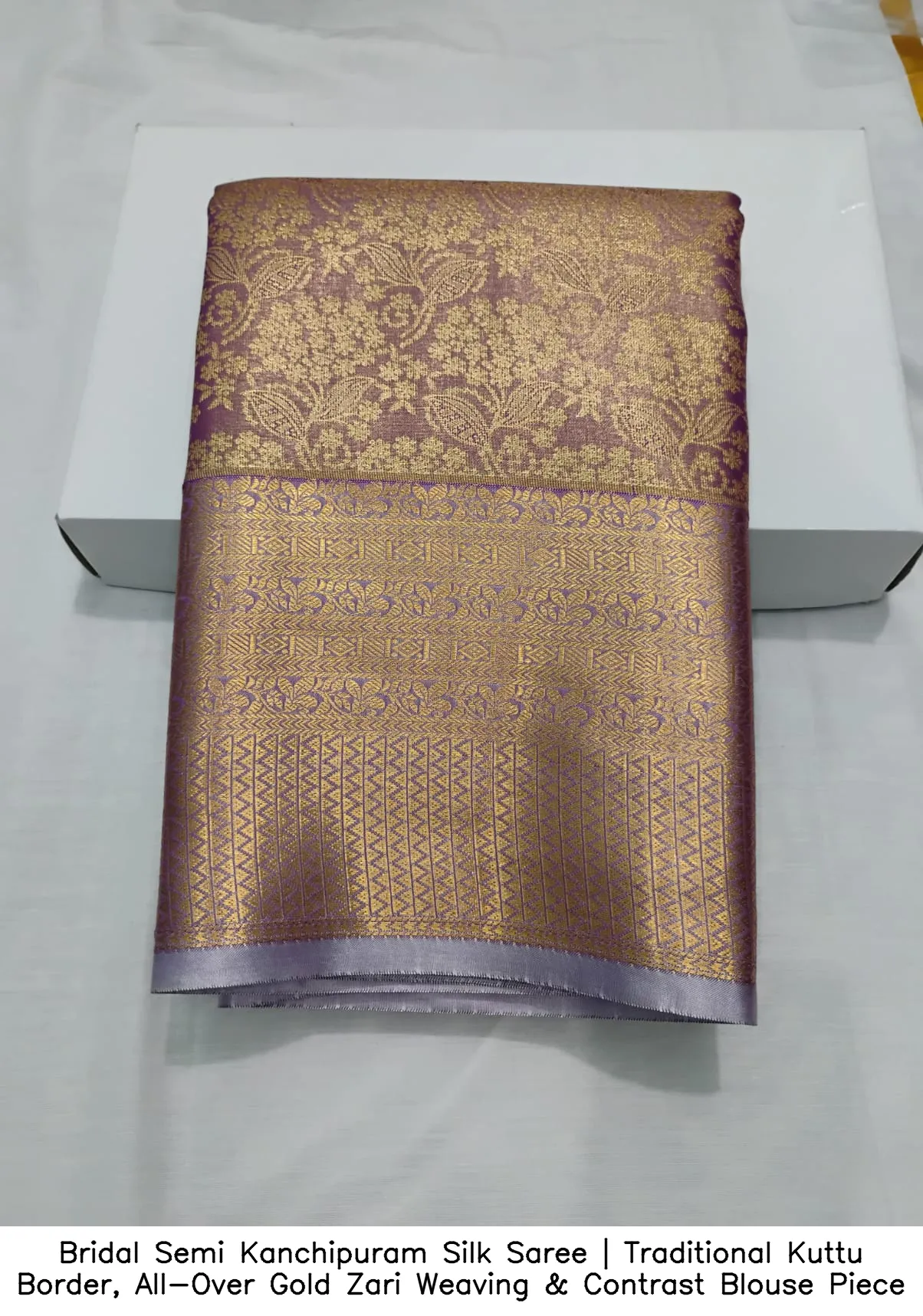 Bridal Semi Kanchipuram Silk Saree | Traditional Kuttu Border, All-Over Gold Zari Weaving & Contrast Blouse Piece 3