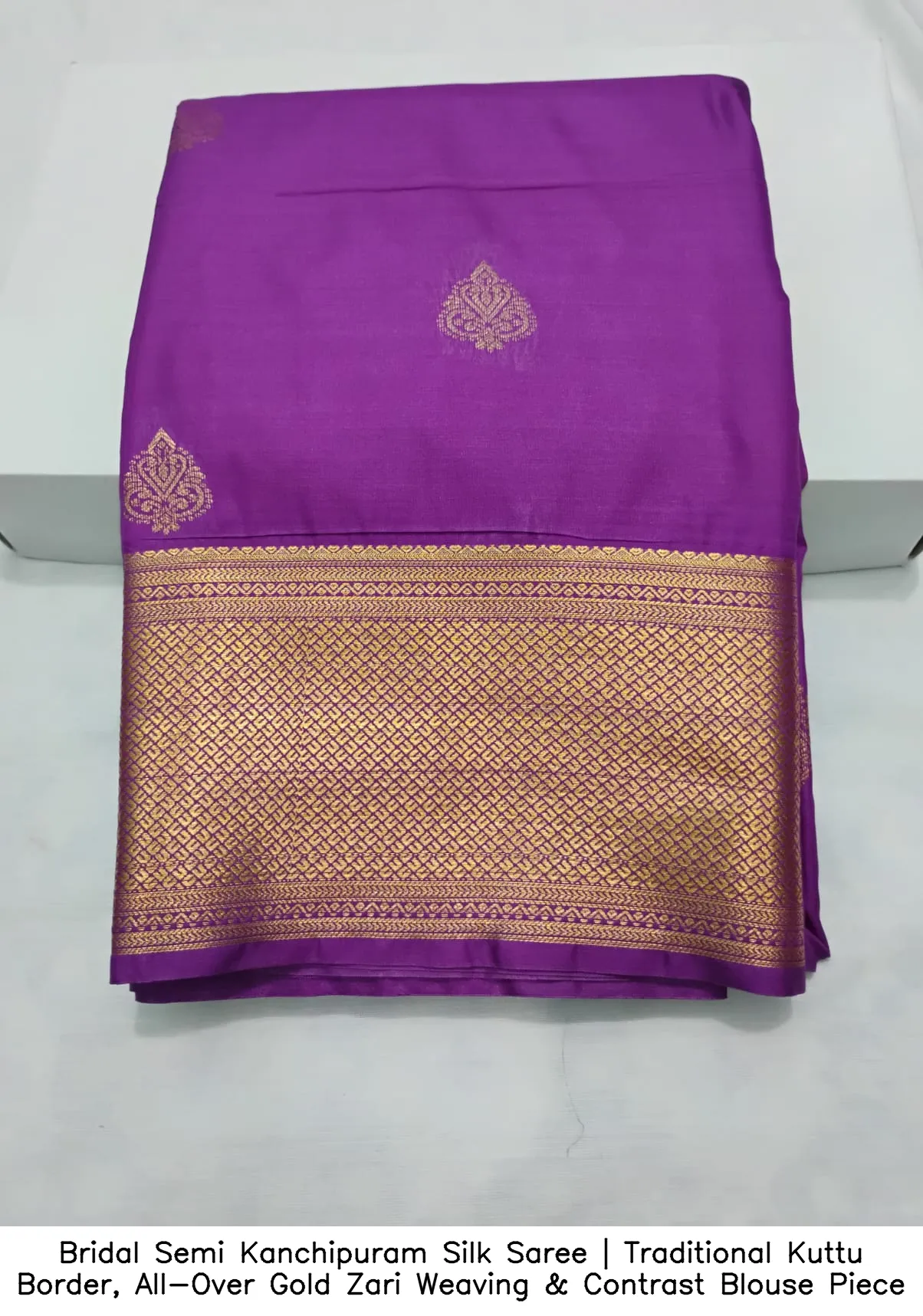 Bridal Semi Kanchipuram Silk Saree | Traditional Kuttu Border, All-Over Gold Zari Weaving & Contrast Blouse Piece 4