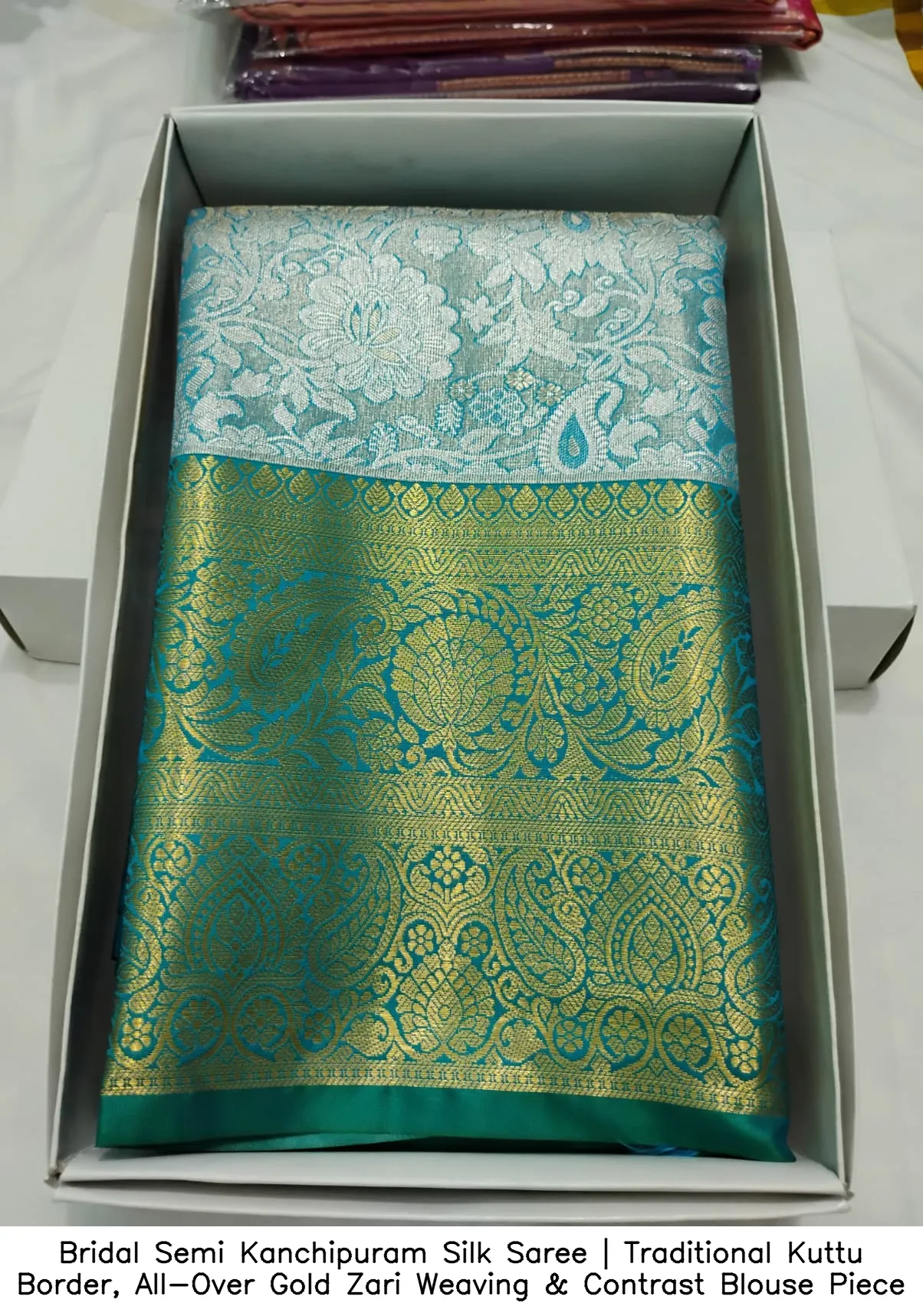 Bridal Semi Kanchipuram Silk Saree | Traditional Kuttu Border, All-Over Gold Zari Weaving & Contrast Blouse Piece 5