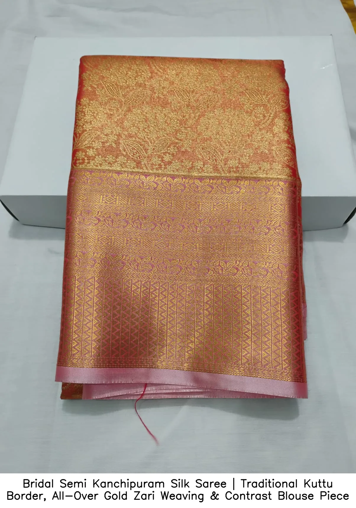 Bridal Semi Kanchipuram Silk Saree | Traditional Kuttu Border, All-Over Gold Zari Weaving & Contrast Blouse Piece 6