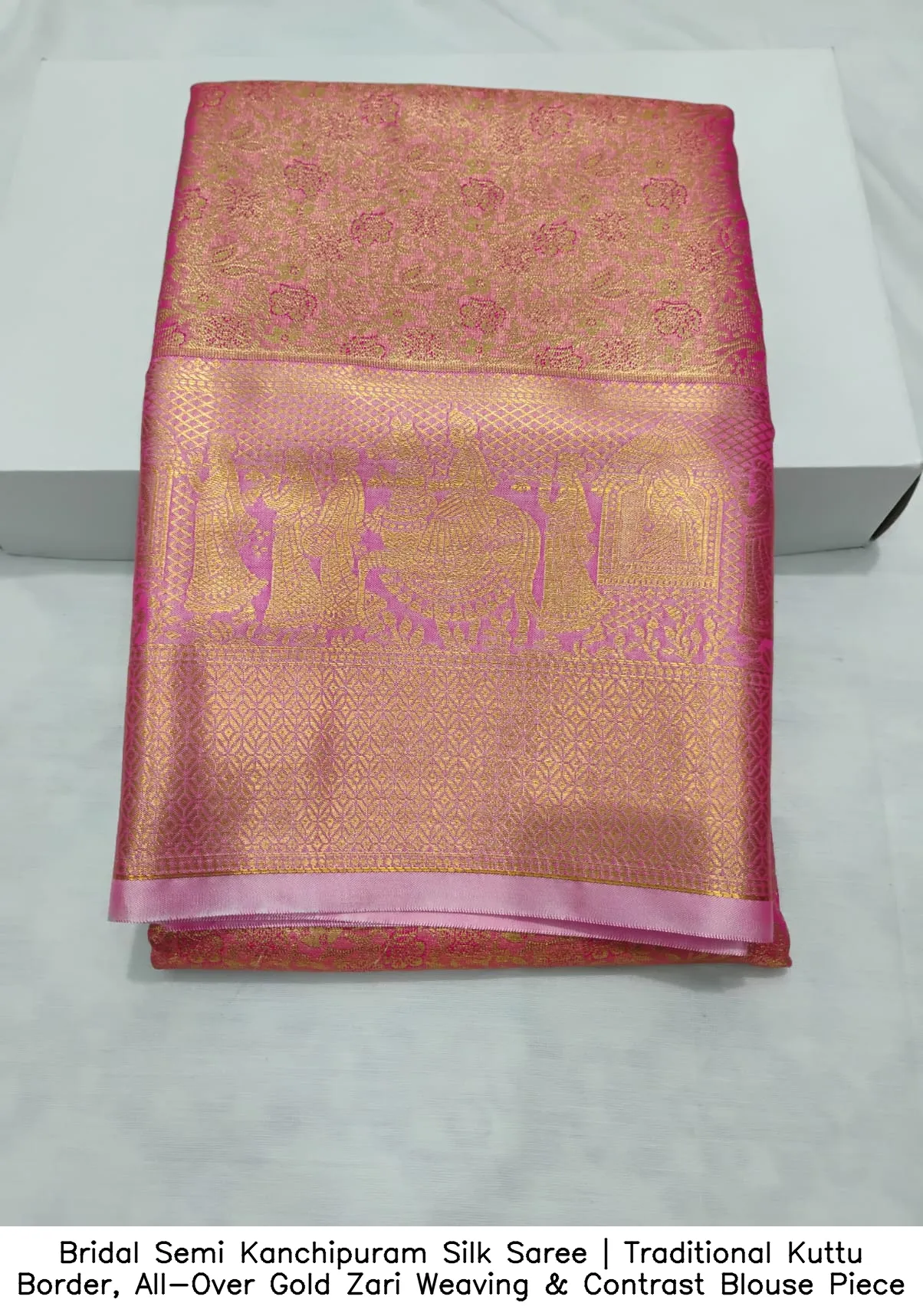 Bridal Semi Kanchipuram Silk Saree | Traditional Kuttu Border, All-Over Gold Zari Weaving & Contrast Blouse Piece 7