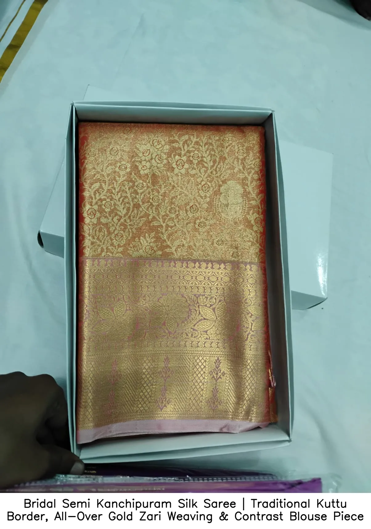 Bridal Semi Kanchipuram Silk Saree | Traditional Kuttu Border, All-Over Gold Zari Weaving & Contrast Blouse Piece 8