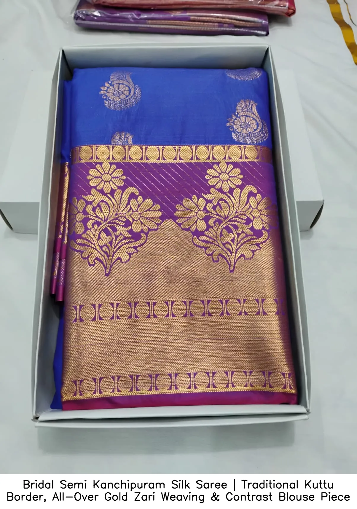 Bridal Semi Kanchipuram Silk Saree | Traditional Kuttu Border, All-Over Gold Zari Weaving & Contrast Blouse Piece 9