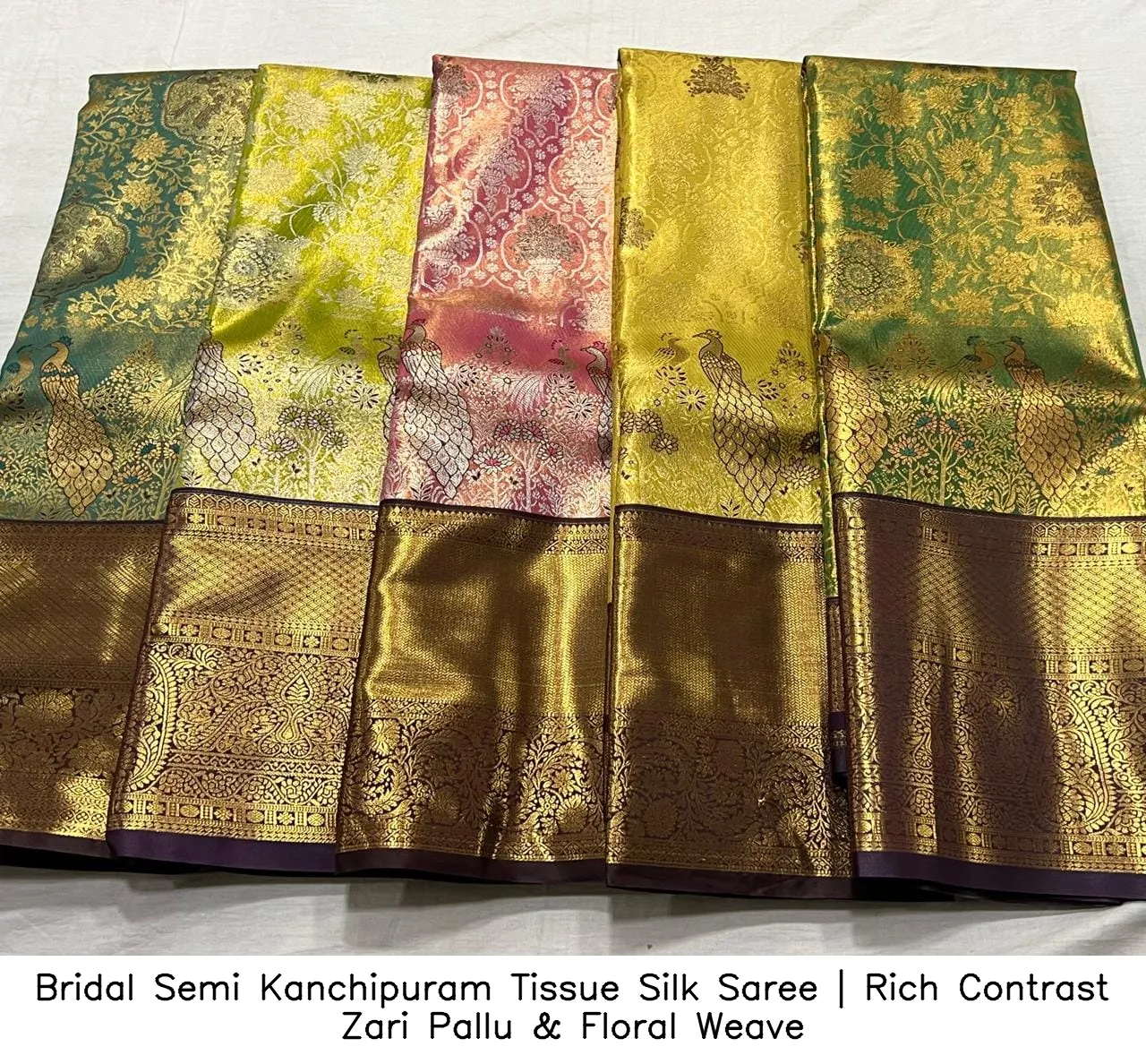 Bridal Semi Kanchipuram Tissue Silk Saree | Rich Contrast Zari Pallu & Floral Weave 10