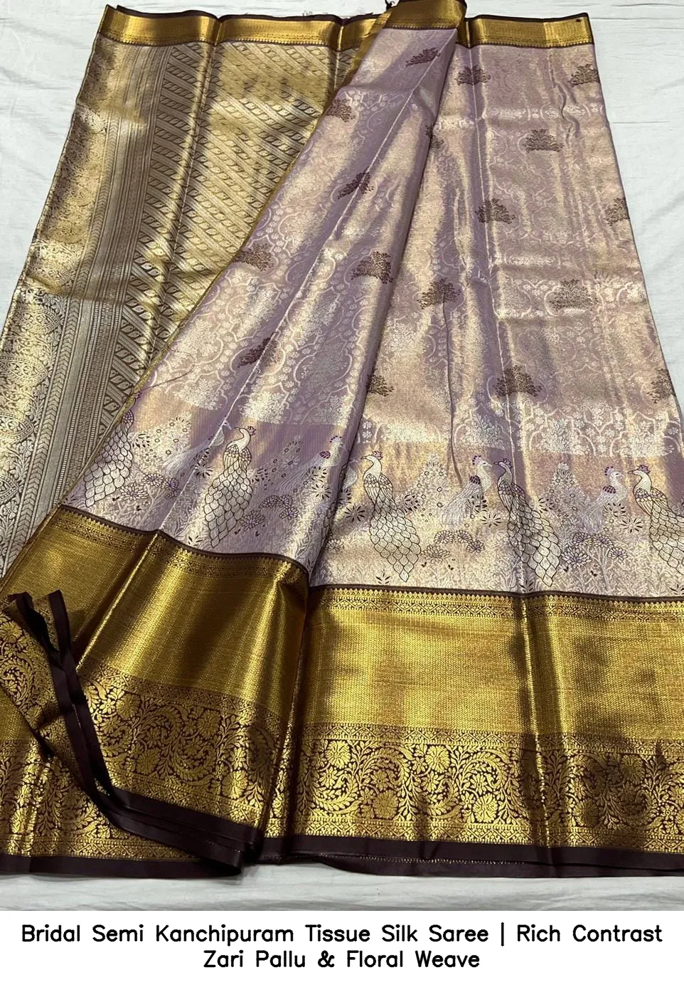 Bridal Semi Kanchipuram Tissue Silk Saree | Rich Contrast Zari Pallu & Floral Weave 11