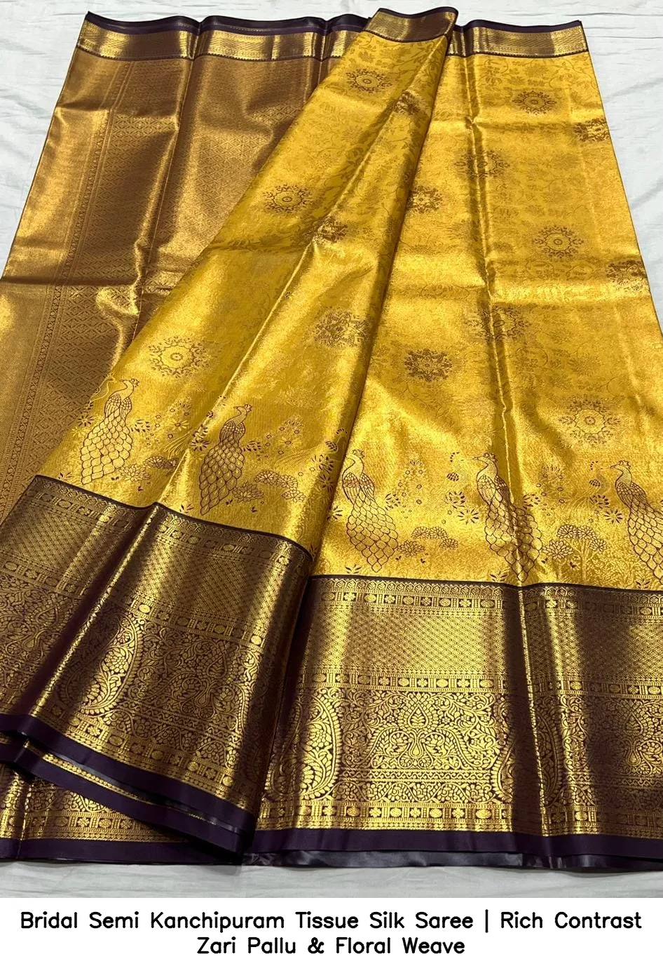 Bridal Semi Kanchipuram Tissue Silk Saree | Rich Contrast Zari Pallu & Floral Weave 12
