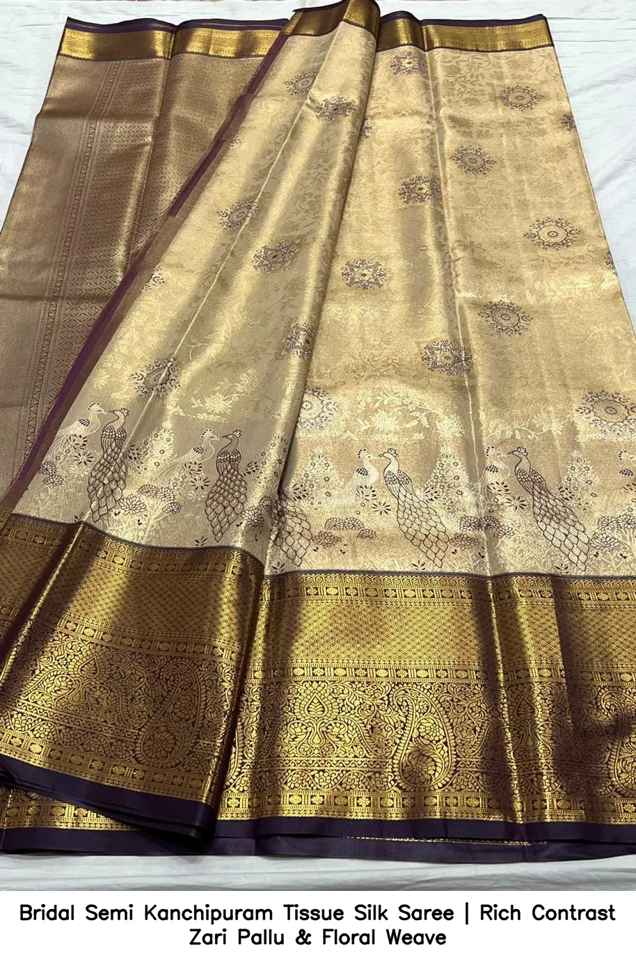 Bridal Semi Kanchipuram Tissue Silk Saree | Rich Contrast Zari Pallu & Floral Weave 2