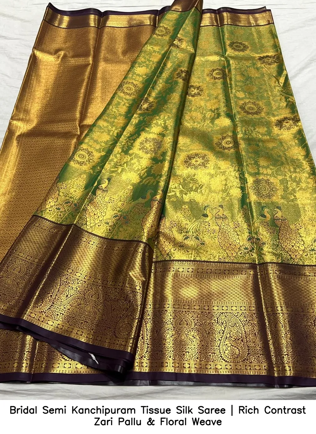 Bridal Semi Kanchipuram Tissue Silk Saree | Rich Contrast Zari Pallu & Floral Weave 3