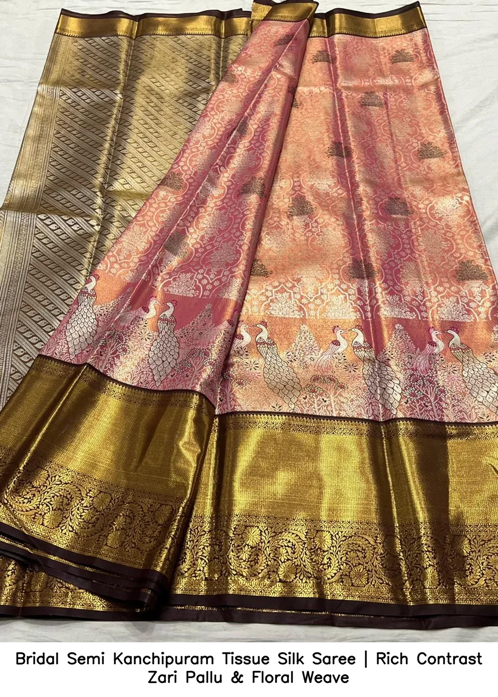 Bridal Semi Kanchipuram Tissue Silk Saree | Rich Contrast Zari Pallu & Floral Weave 4