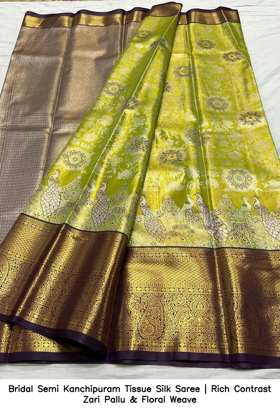 Bridal Semi Kanchipuram Tissue Silk Saree | Rich Contrast Zari Pallu & Floral Weave 5
