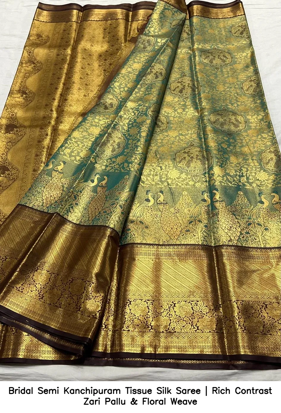 Bridal Semi Kanchipuram Tissue Silk Saree | Rich Contrast Zari Pallu & Floral Weave 6