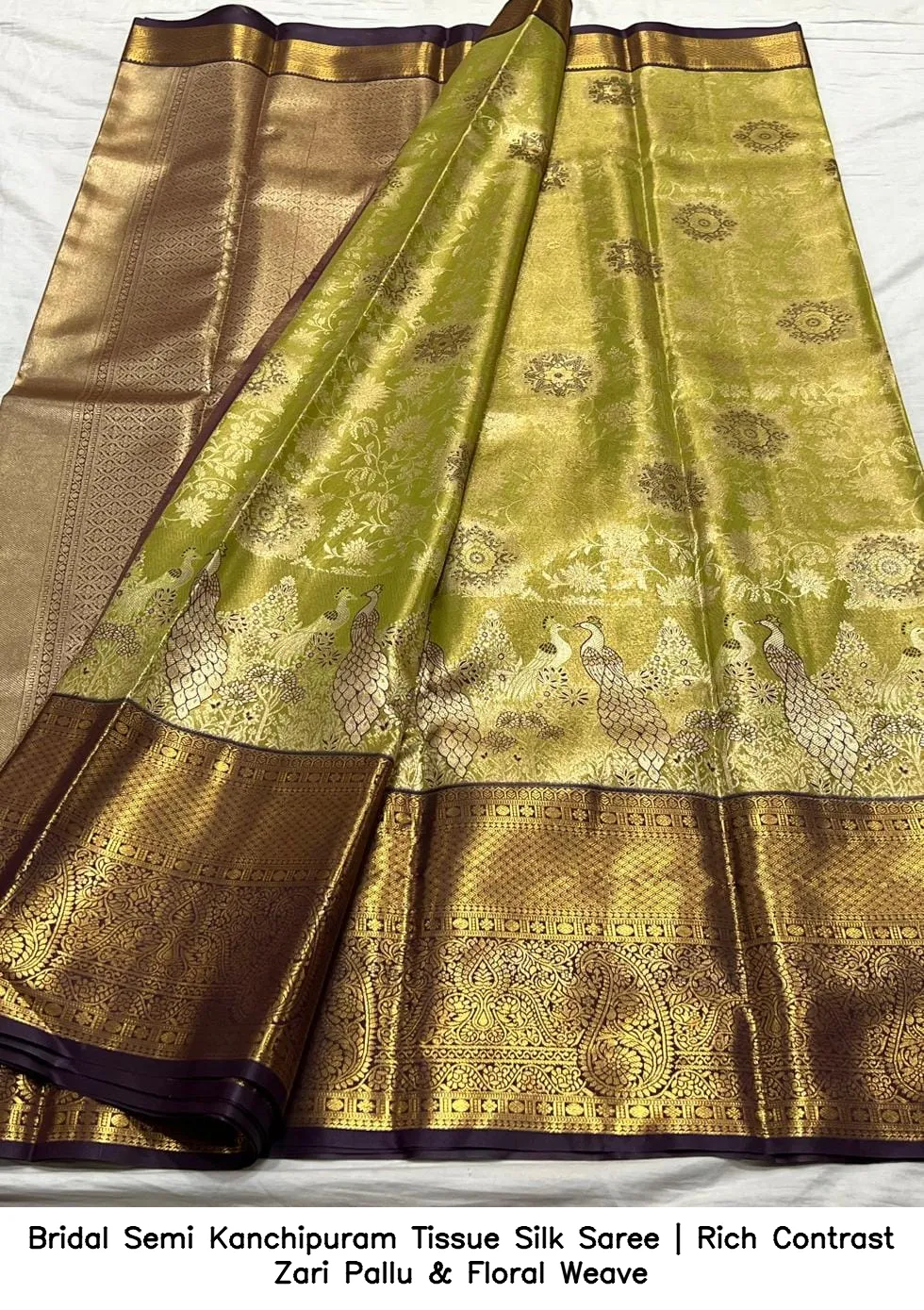 Bridal Semi Kanchipuram Tissue Silk Saree | Rich Contrast Zari Pallu & Floral Weave 8