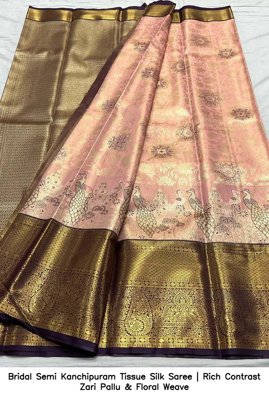 Bridal Semi Kanchipuram Tissue Silk Saree | Rich Contrast Zari Pallu & Floral Weave 9