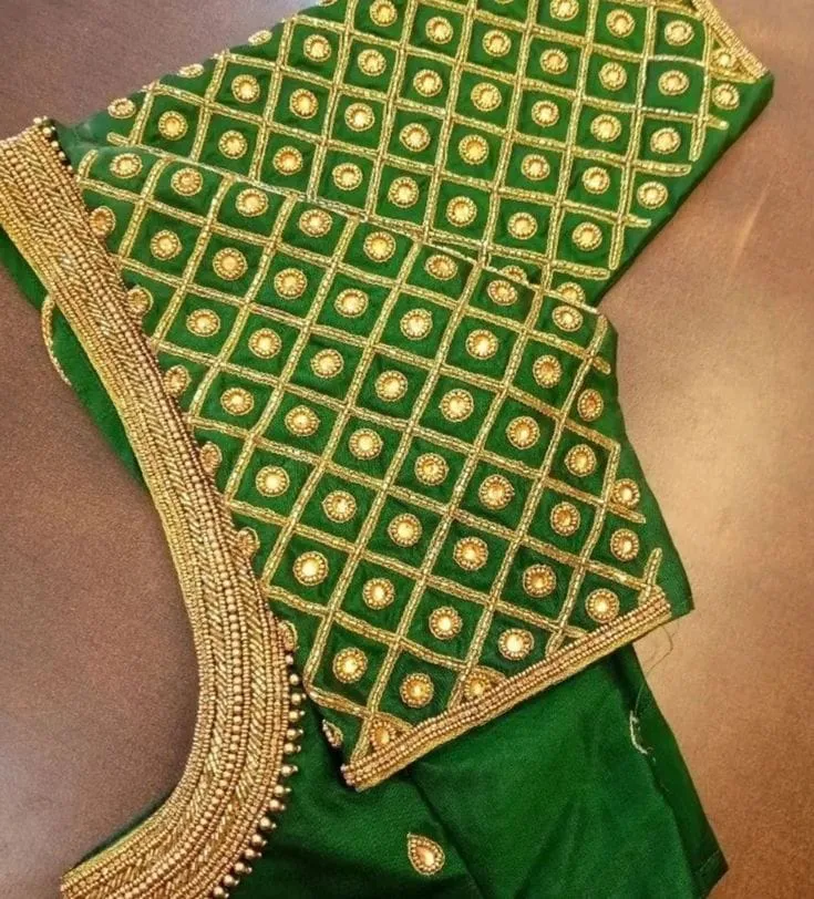 Bridal Silk Saree Blouse, Hand Embroidered Gold Bead & Stone Jaal Check Sleeves, Custom Stitched South Indian Wedding Blouse