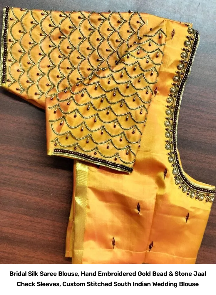 Bridal Silk Saree Blouse, Hand Embroidered Gold Bead & Stone Jaal Check Sleeves, Custom Stitched South Indian Wedding Blouse 2