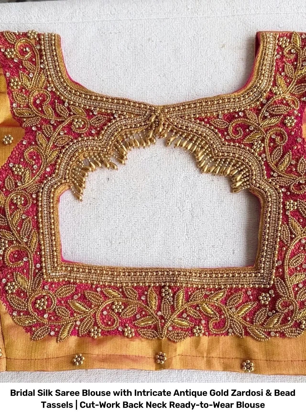 Bridal Silk Saree Blouse with Intricate Antique Gold Zardosi & Bead Tassels | Cut-Work Back Neck Ready-to-Wear Blouse