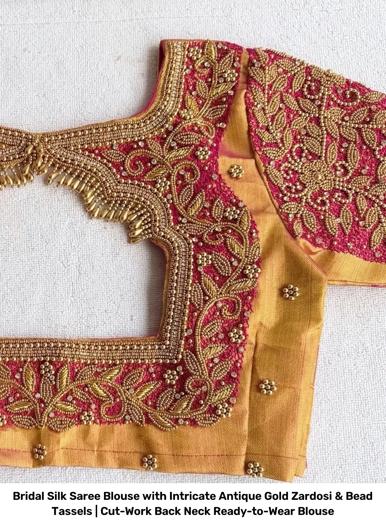 Bridal Silk Saree Blouse with Intricate Antique Gold Zardosi & Bead Tassels | Cut-Work Back Neck Ready-to-Wear Blouse 2