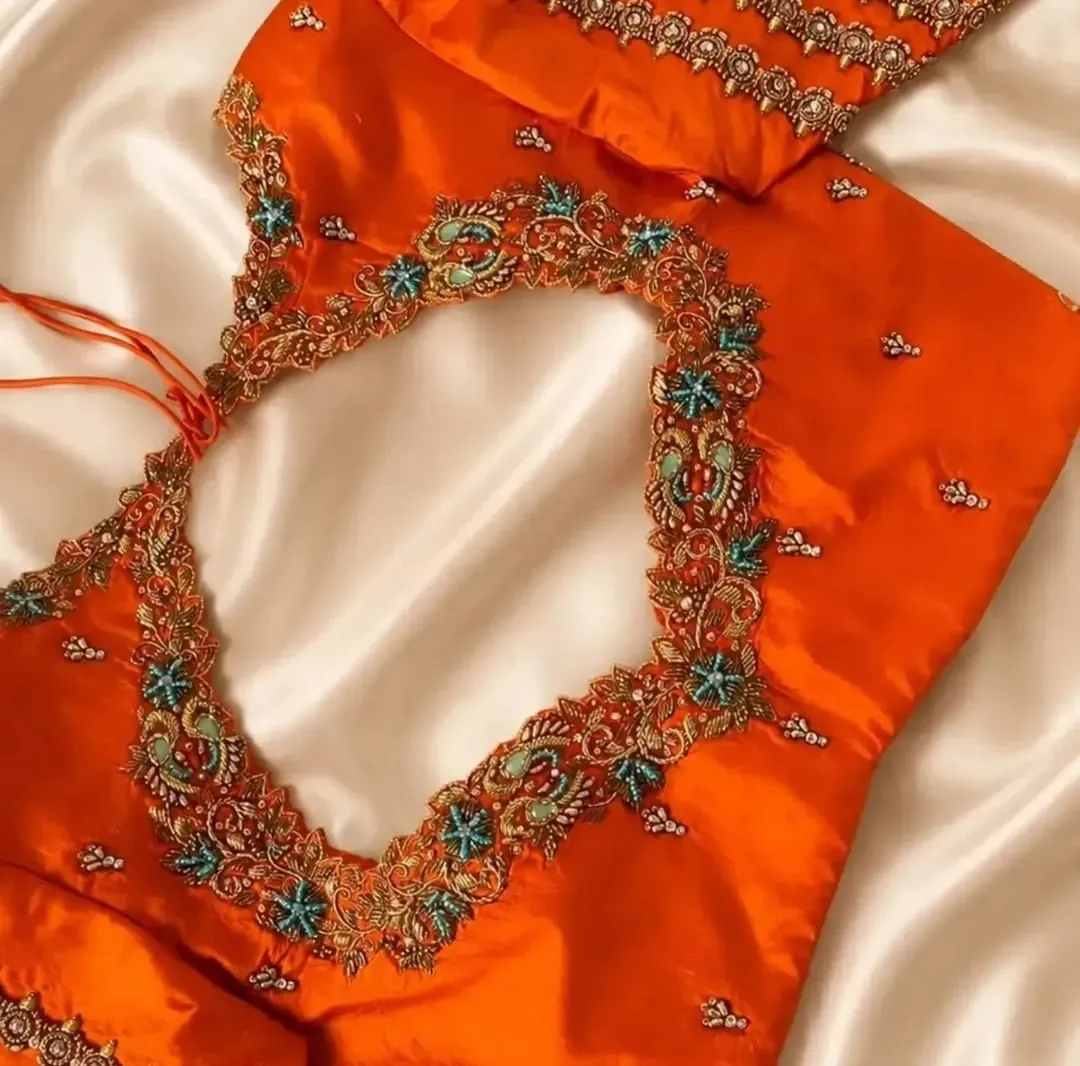 Bright Orange Bridal Maggam Work Silk Blouse | Heavy Peacock Aari Embroidery Designer Blouse