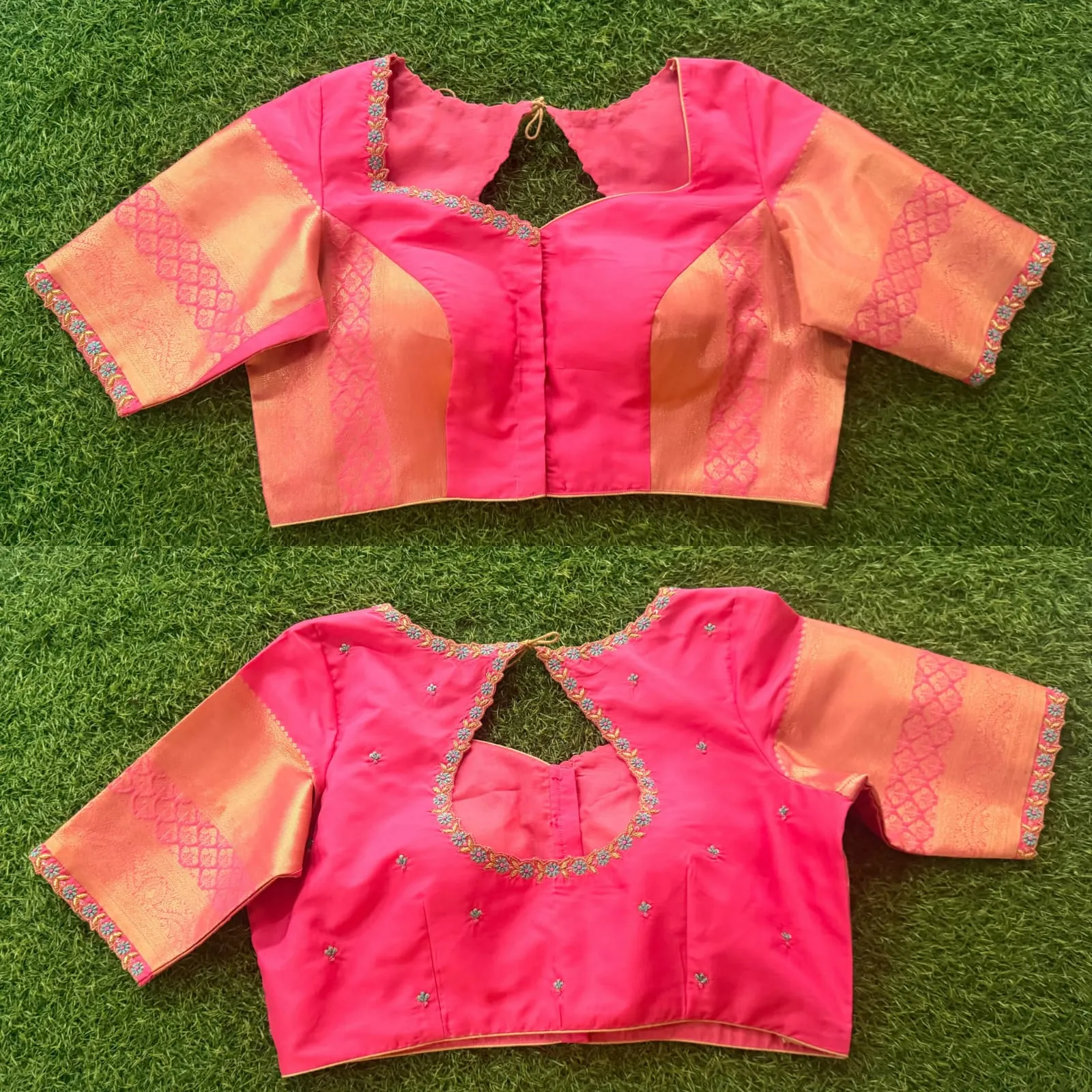 Bright Pink Readymade Silk Saree Blouse - Contrast Gold Zari Sleeves & Cutout Back Design 1