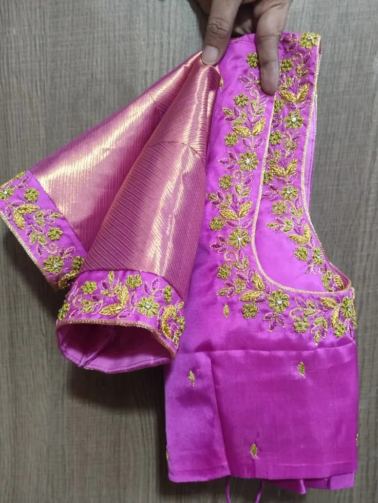 Bright Pink Silk Saree Blouse with Dual-Tone Tissue Sleeves | Floral Zari Hand Embroidered Bridal Blouse