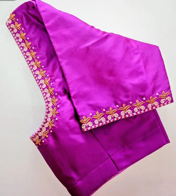 Bright Rani Pink Silk Designer Blouse | Delicate Thread Embroidery Neckline & Sleeve Border Festive Saree Choli