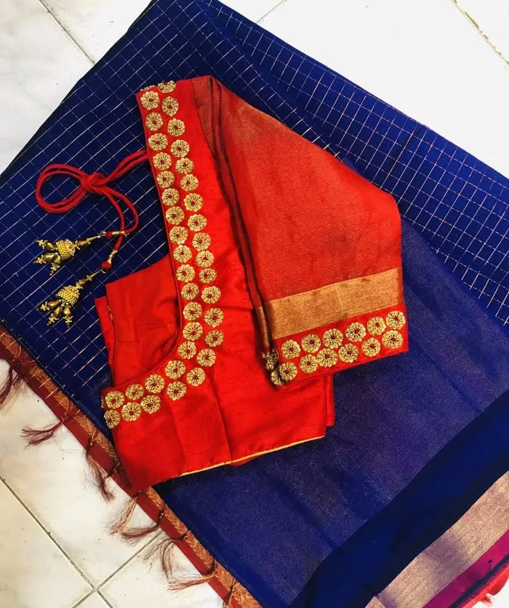 Bright Red Bridal Aari Work Blouse | Handcrafted Gold Floral Coin Motif Silk Saree Blouse 1