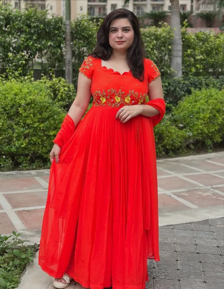Bright Red Georgette Anarkali Suit with Embroidered Yoke & Dupatta | Designer Festive Gown