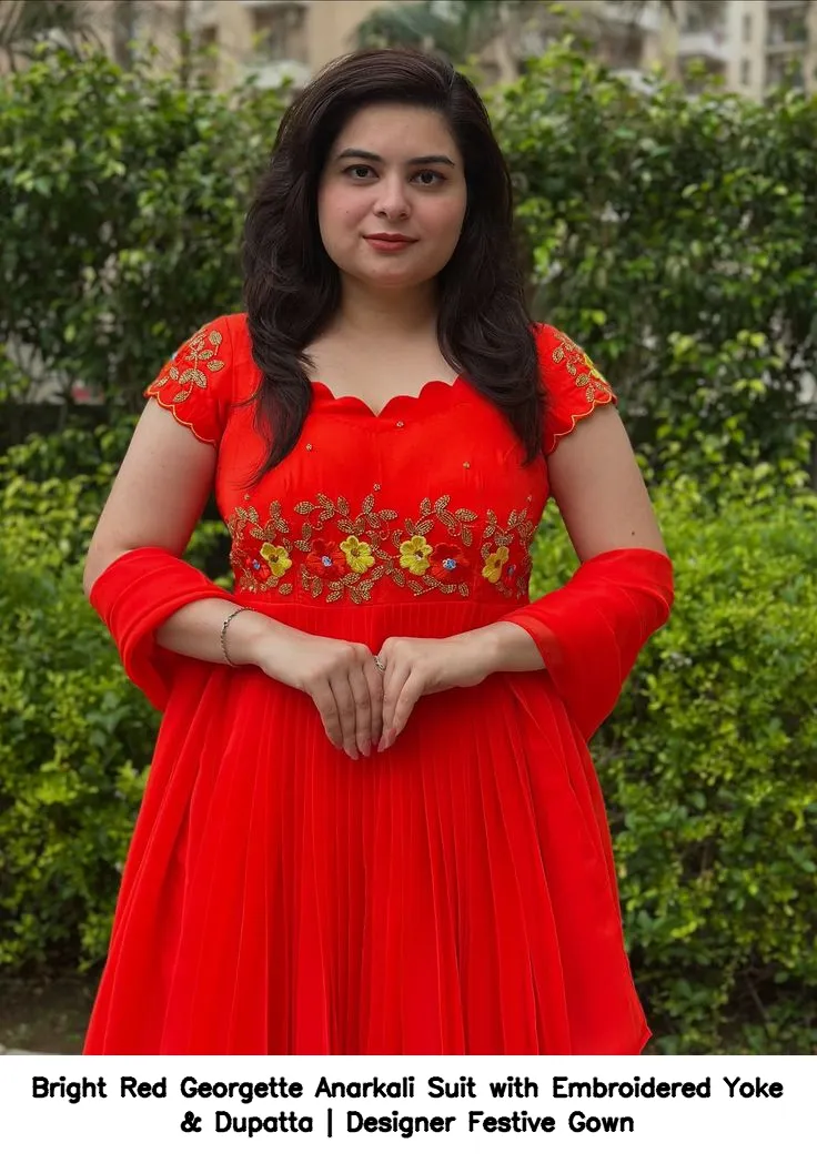Bright Red Georgette Anarkali Suit with Embroidered Yoke & Dupatta | Designer Festive Gown 2