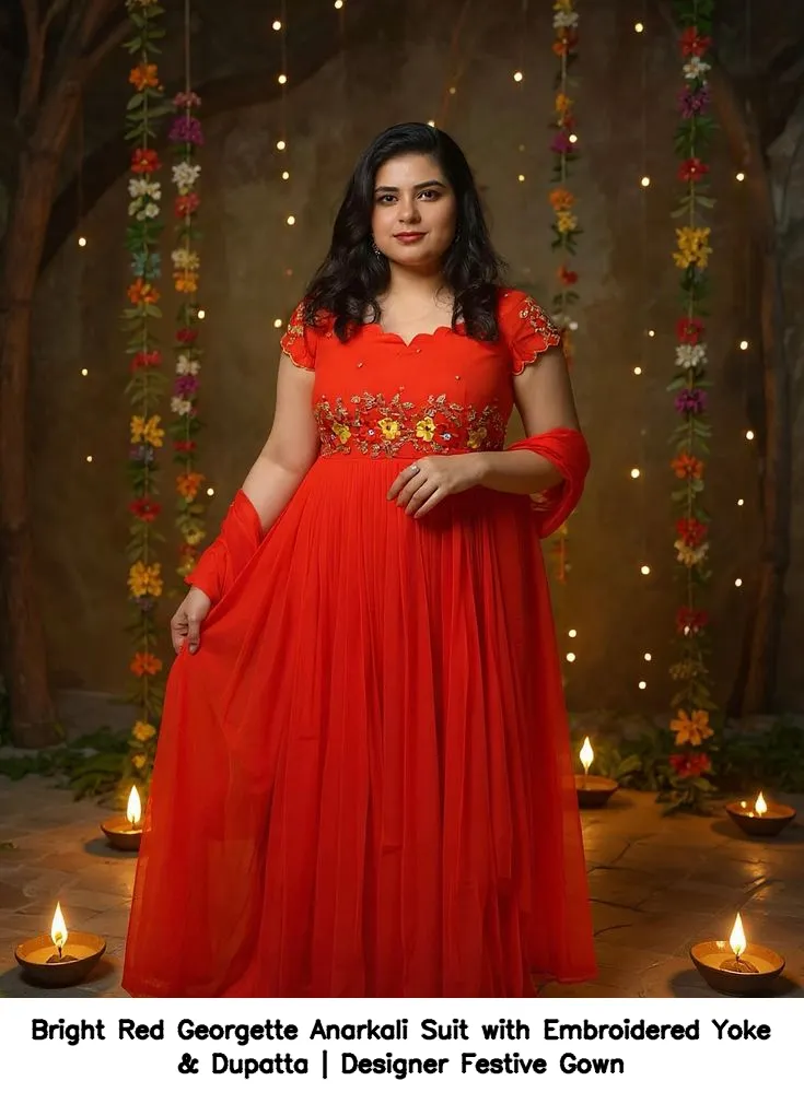 Bright Red Georgette Anarkali Suit with Embroidered Yoke & Dupatta | Designer Festive Gown 3