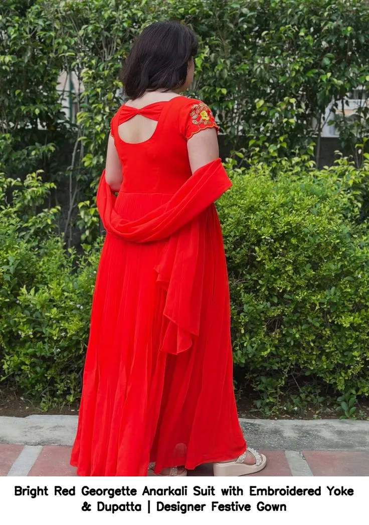 Bright Red Georgette Anarkali Suit with Embroidered Yoke & Dupatta | Designer Festive Gown 4