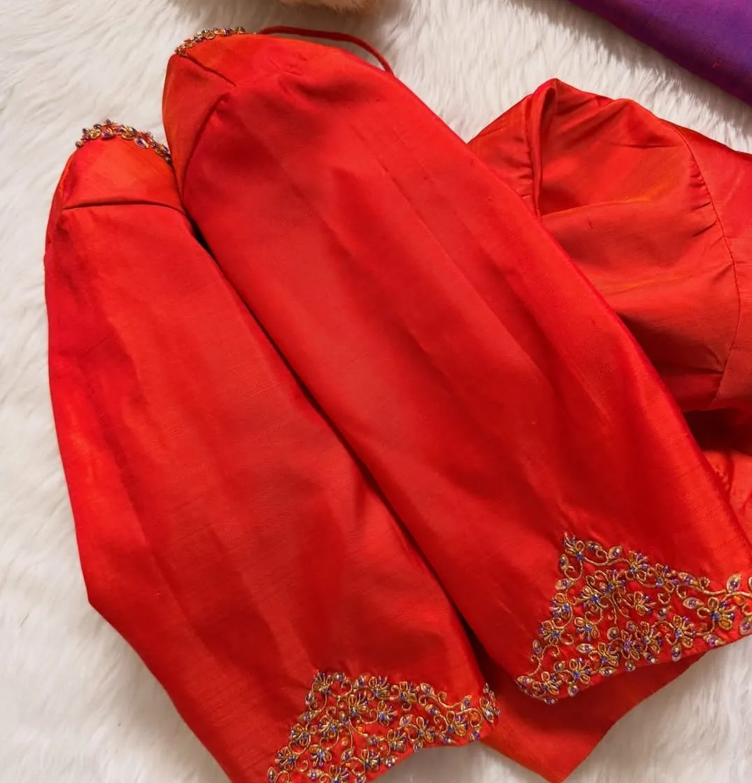Bright Red Silk Maggam Work Blouse | Simple Floral Zardosi & Bead Border Readymade Saree Blouse