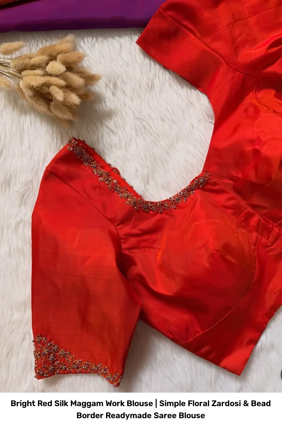 Bright Red Silk Maggam Work Blouse | Simple Floral Zardosi & Bead Border Readymade Saree Blouse 3