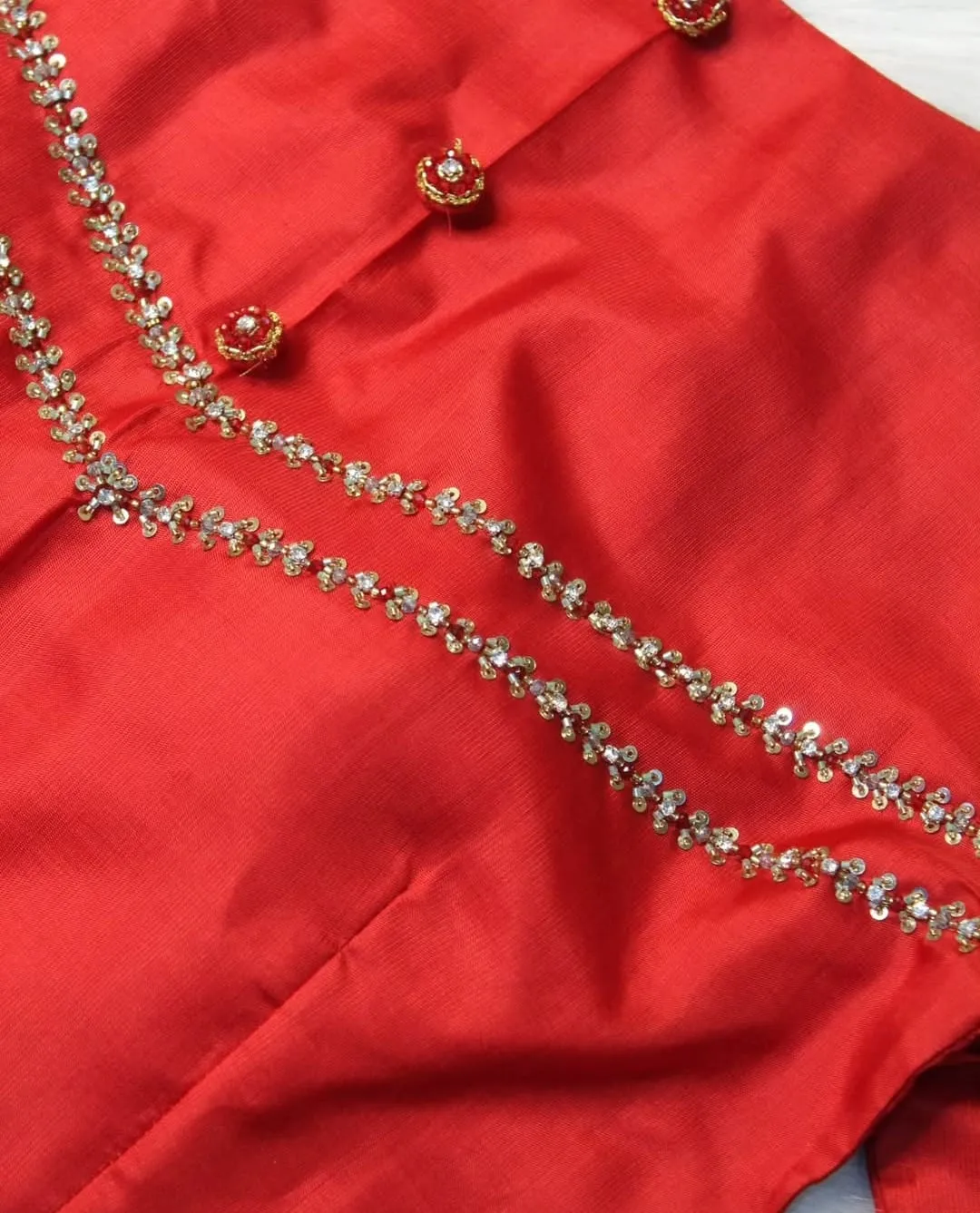Bright Red Silk Saree Blouse with Hand-Embroidered Stone Work | Readymade Bridal Blouse