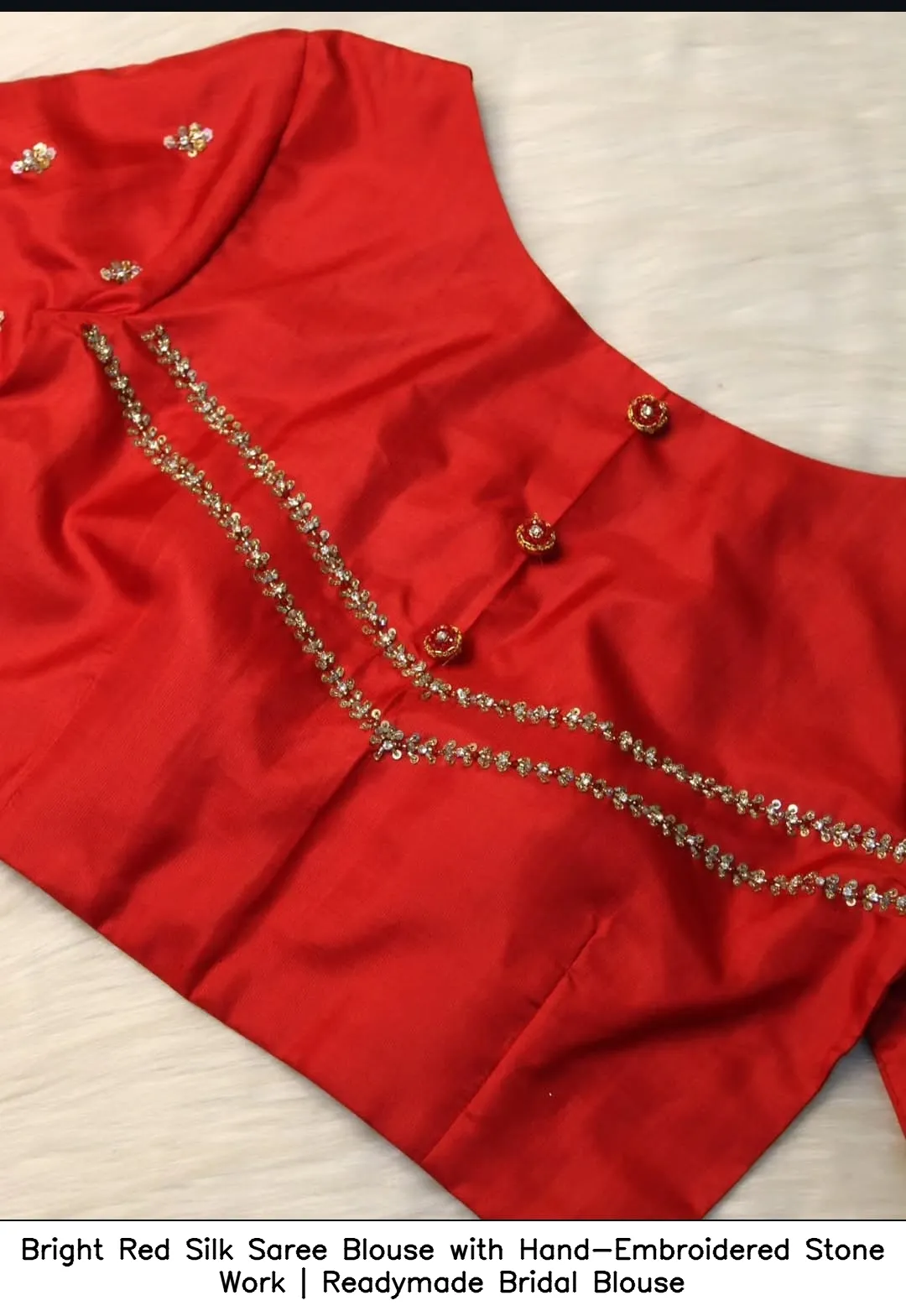 Bright Red Silk Saree Blouse with Hand-Embroidered Stone Work | Readymade Bridal Blouse 3