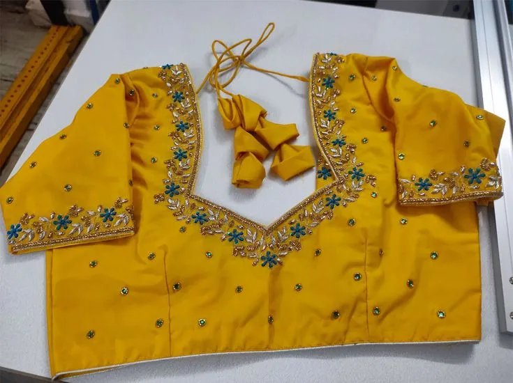 Bright Yellow Silk Maggam Work Blouse | Floral Aari Embroidery Sweetheart Neck Bridal Saree Blouse with Tassels