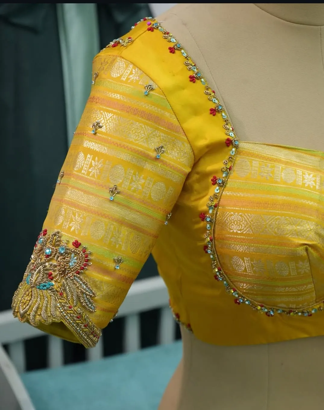 Bright Yellow Silk Saree Blouse | Heavy Hand Embroidered Peacock Motif Elbow Sleeves 1