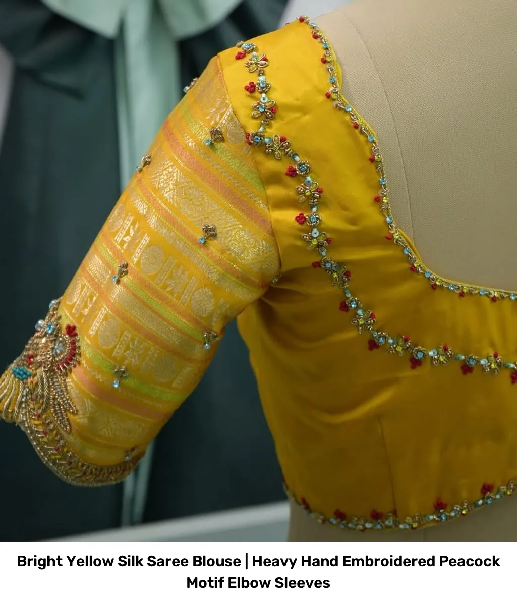 Bright Yellow Silk Saree Blouse | Heavy Hand Embroidered Peacock Motif Elbow Sleeves 2